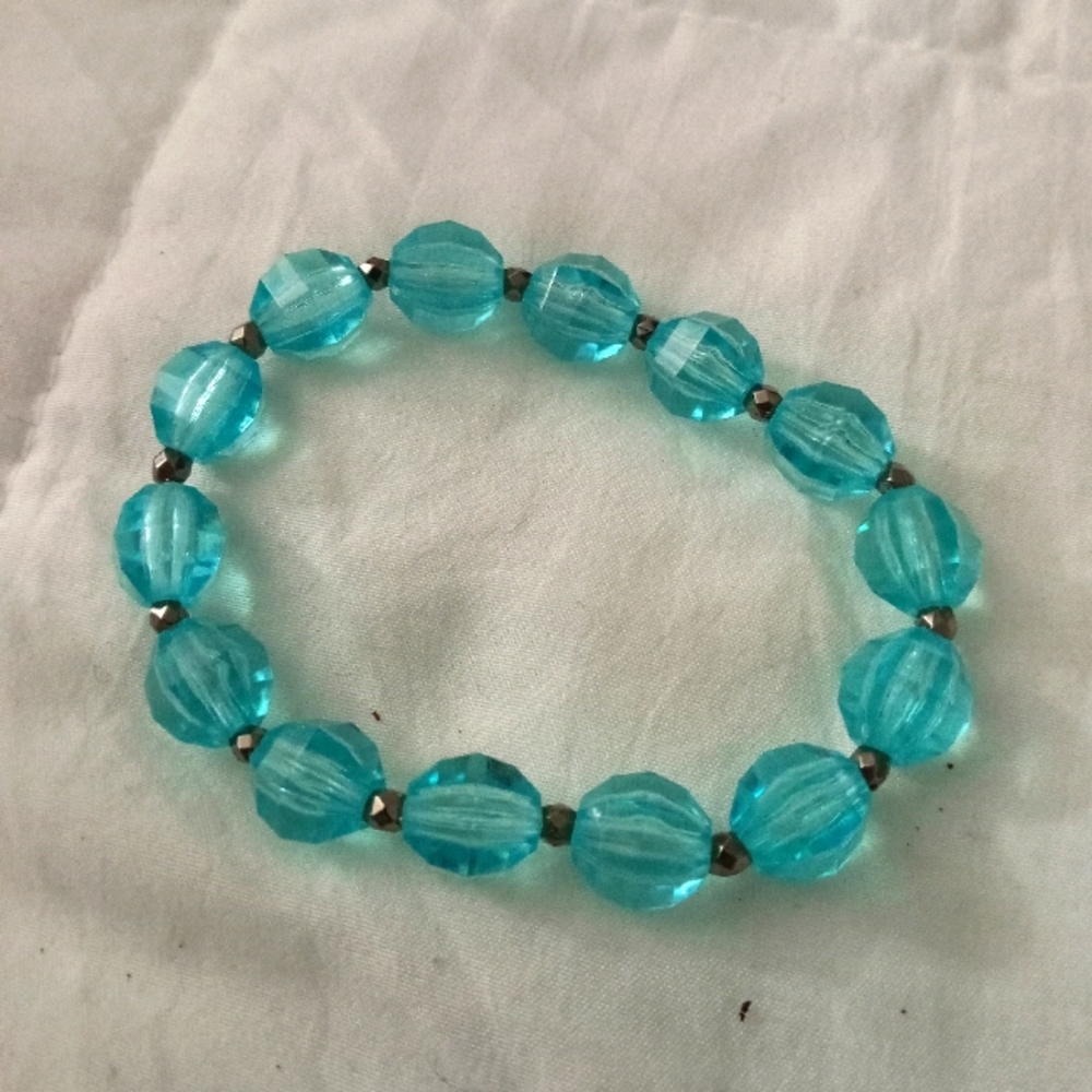 hand crafted Cerulean blue crystal and silver beaded stretchy statement bracelet